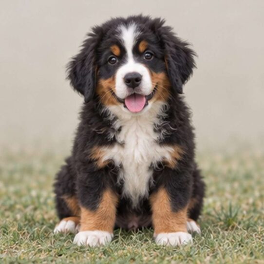 Fluffy black, white, and rust coat with a friendly expression, standing proud