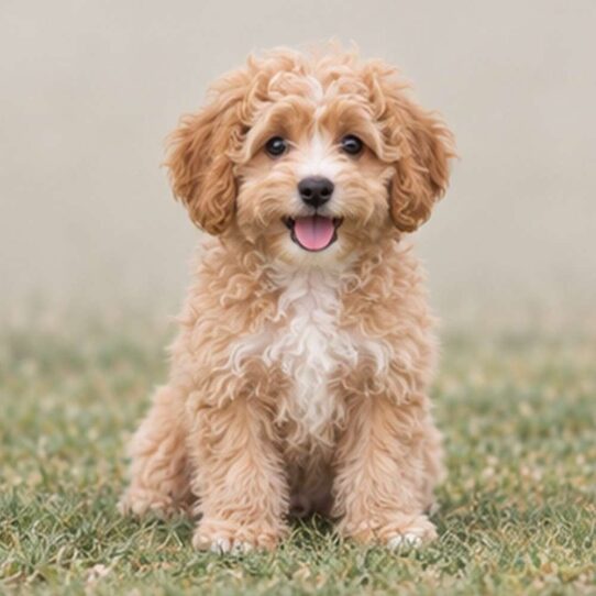 Fluffy, white dog with curly coat, sitting happily on grass