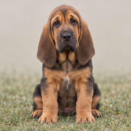Large, droopy-eared dog with a reddish-brown coat standing alert outdoors