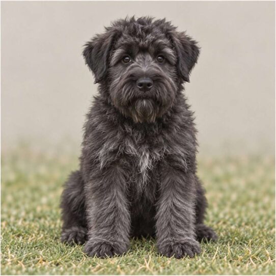 Large, shaggy black dog with a sturdy build standing attentively
