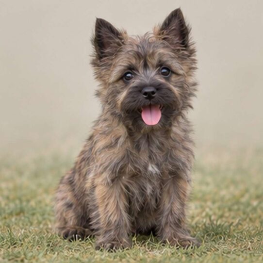 Scruffy, brown fur with perky ears and a playful stance