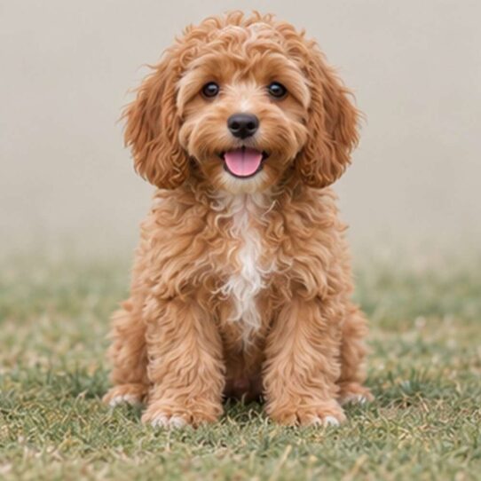 Fluffy Cockapoo with wavy coat, sitting playfully with a happy expression