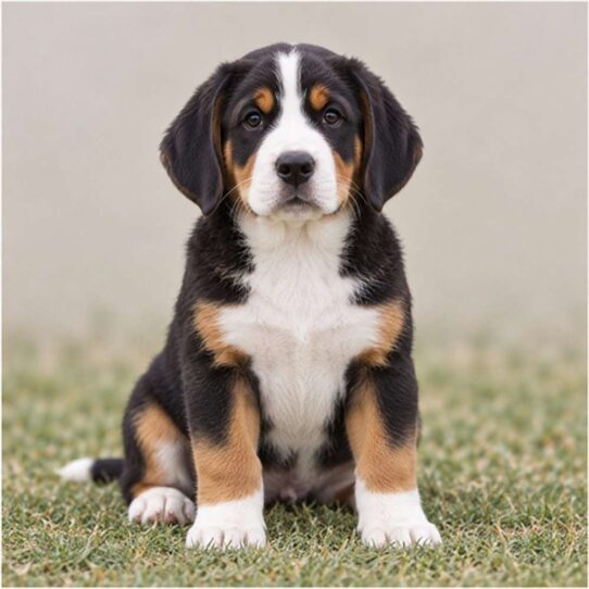 Large dog with a tricolor coat, standing proudly in a grassy field
