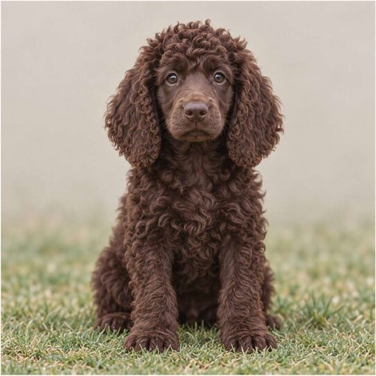 Curly, water-resistant coat in rich liver brown, playful posture by water's edge