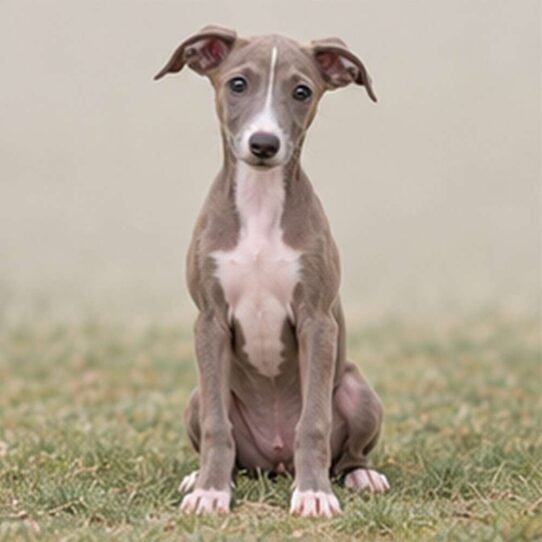 Elegant Italian Greyhound with sleek gray coat standing confidently on grass