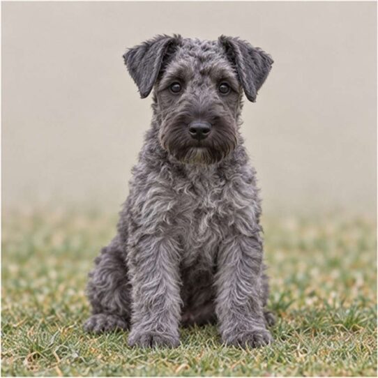 Fluffy, curly blue-gray coat with a playful stance and alert expression