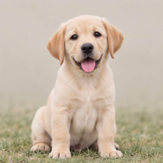 A playful yellow Labrador Retriever sitting outdoors with a wagging tail