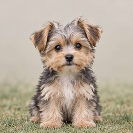 Small, fluffy dog with a blend of tan and black fur, sitting attentively