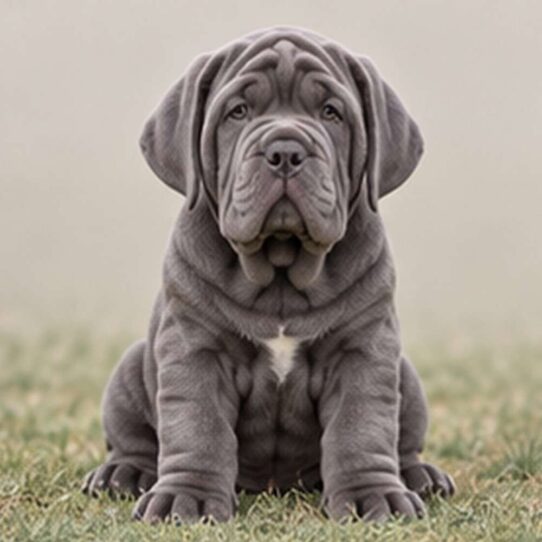 Large, wrinkled dog with a loose coat, standing proudly, grayish-brown color
