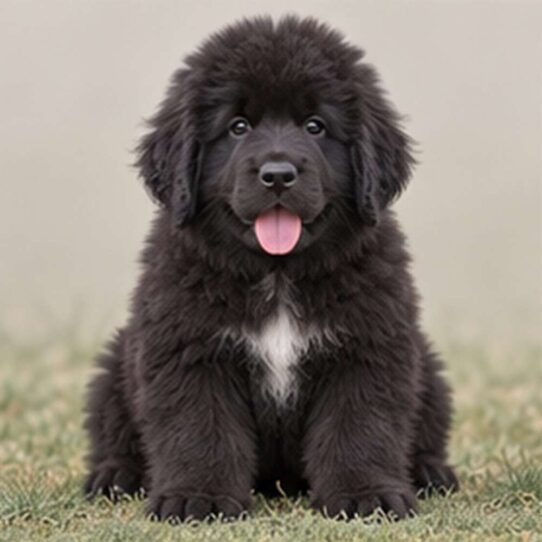 Large, fluffy black dog with a thick coat, standing proudly by water