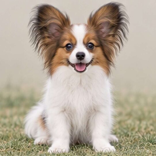 Small, fluffy dog with large ears, white and tan coat, standing alert