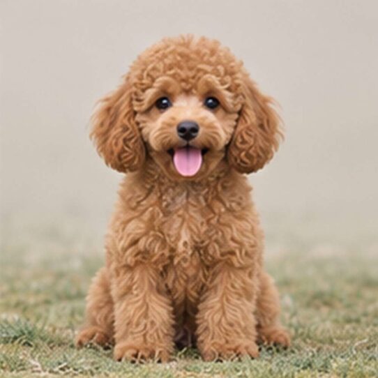 Curly-haired poodle standing proudly with a cheerful expression and bright eyes