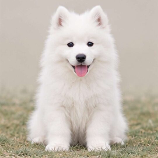 Fluffy white dog with a happy expression, standing proudly outdoors