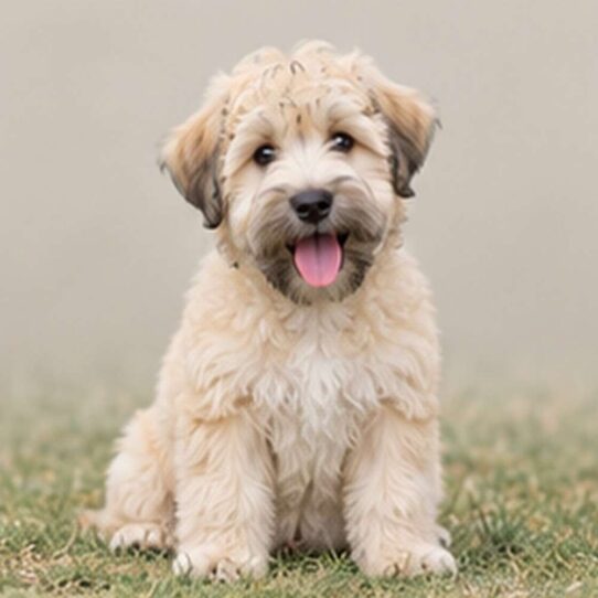 Light tan, soft, silky coat with playful posture and bright eyes