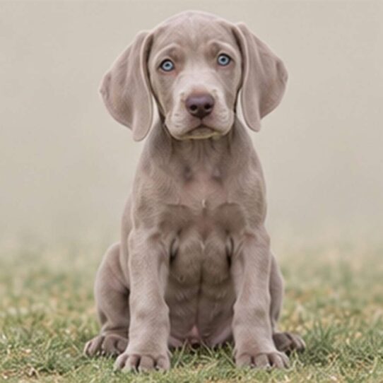 Silver-gray dog with a sleek coat standing alert in a grassy field