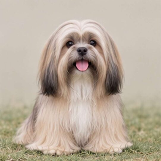 Fluffy Lhasa Apso with a long, flowing coat sitting alertly
