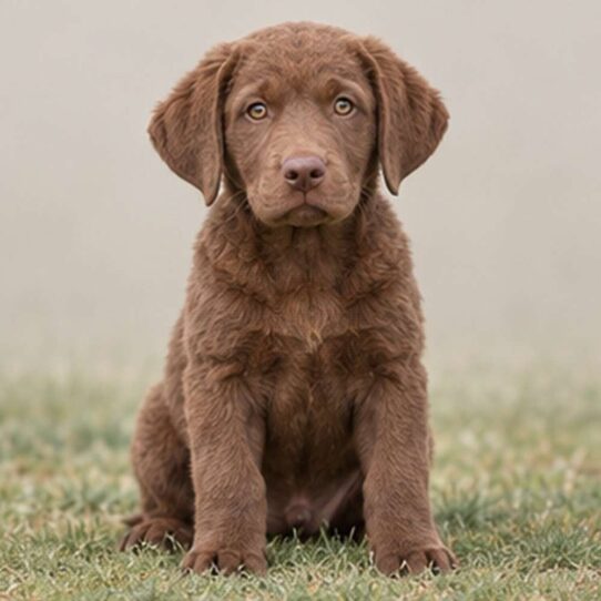 A brown Chesapeake Bay Retriever standing confidently by the water's edge
