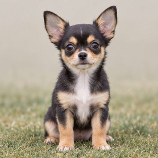 Small tan and white Chihuahua standing alert with perked ears
