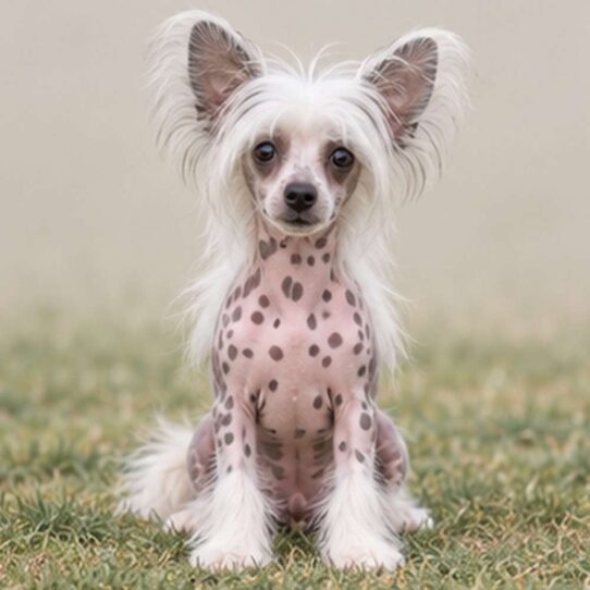 Hairless dog with exposed skin, fluffy crest on head, standing proudly
