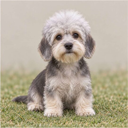 A Dandie Dinmont Terrier with a wiry coat, standing proudly, showcasing its distinctive topknot