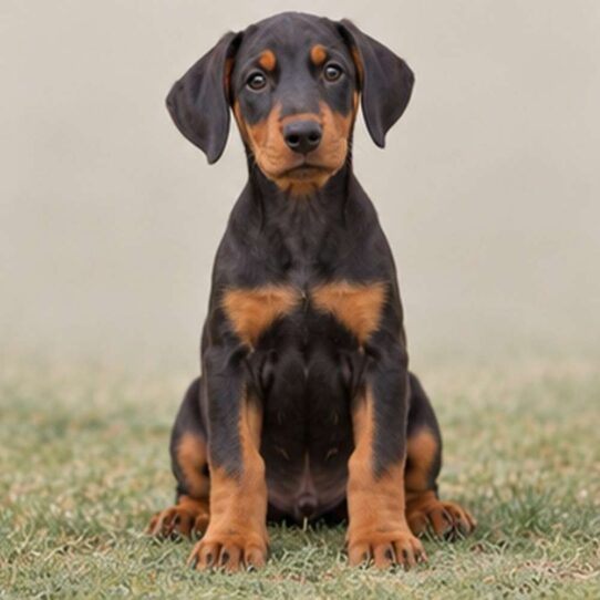 Sleek black and tan Doberman standing proudly with alert expression