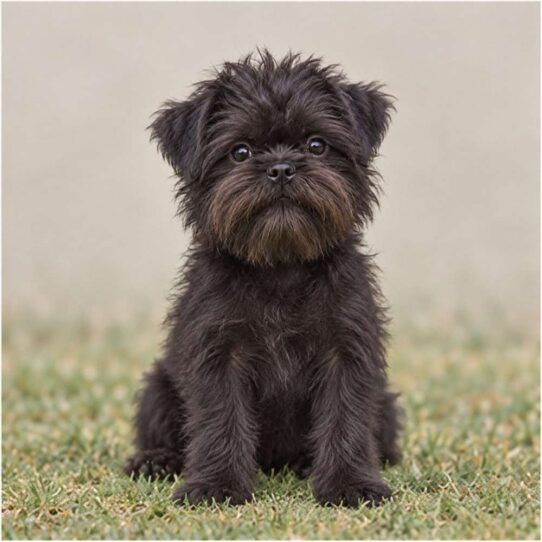 Small, wiry dog with a shaggy black coat and alert expression