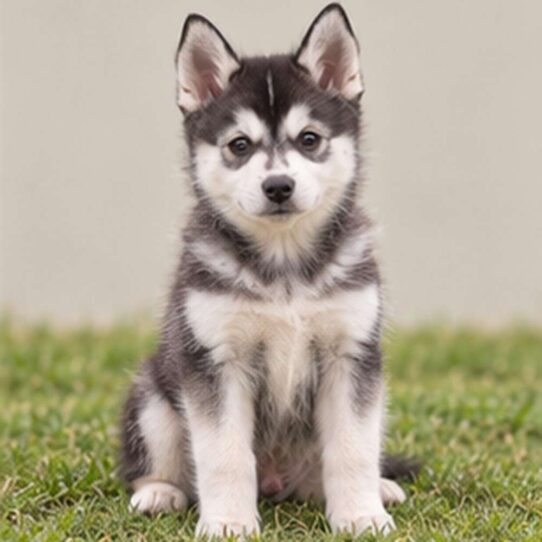 Small, agile dog with a thick coat, erect ears, and a playful stance